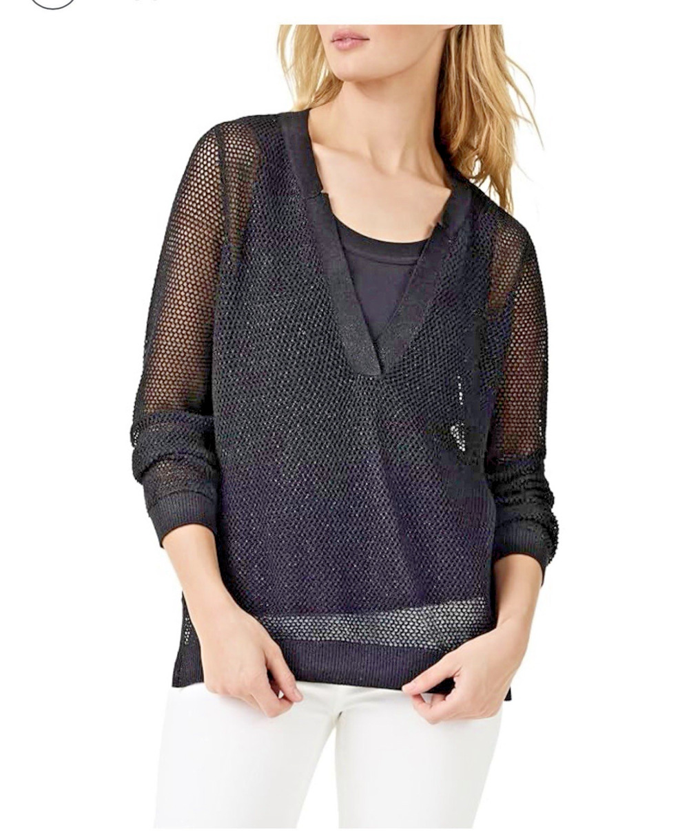 Nic+Zoe Black Onyx Mesh Stitch Pullover Sweater XS Lightweight Knit NWT
